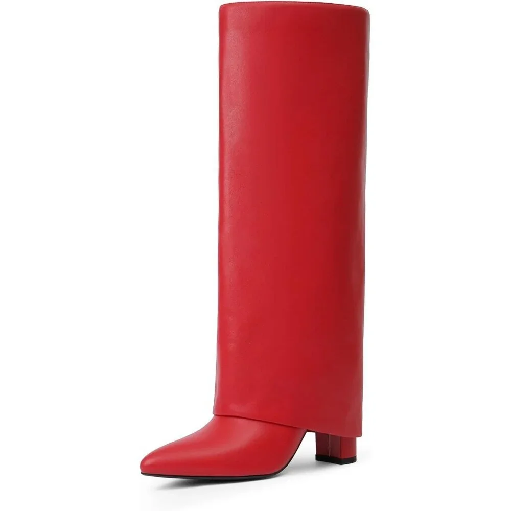 Women Red Pu Leather Fold Over Knee High Dress Tall Chunky High Heels Long Boot